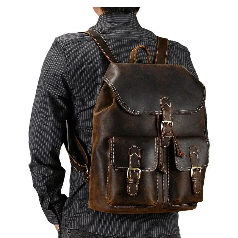 Men’s Vintage Leather Travel Backpack | Genuine Retro Cowhide 14" Bag