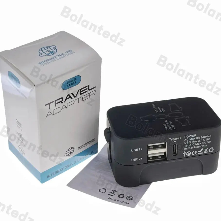 All-in-One Universal Travel Adapter | 2 USB + 1 Type-C | AU/US/UK/EU Plug