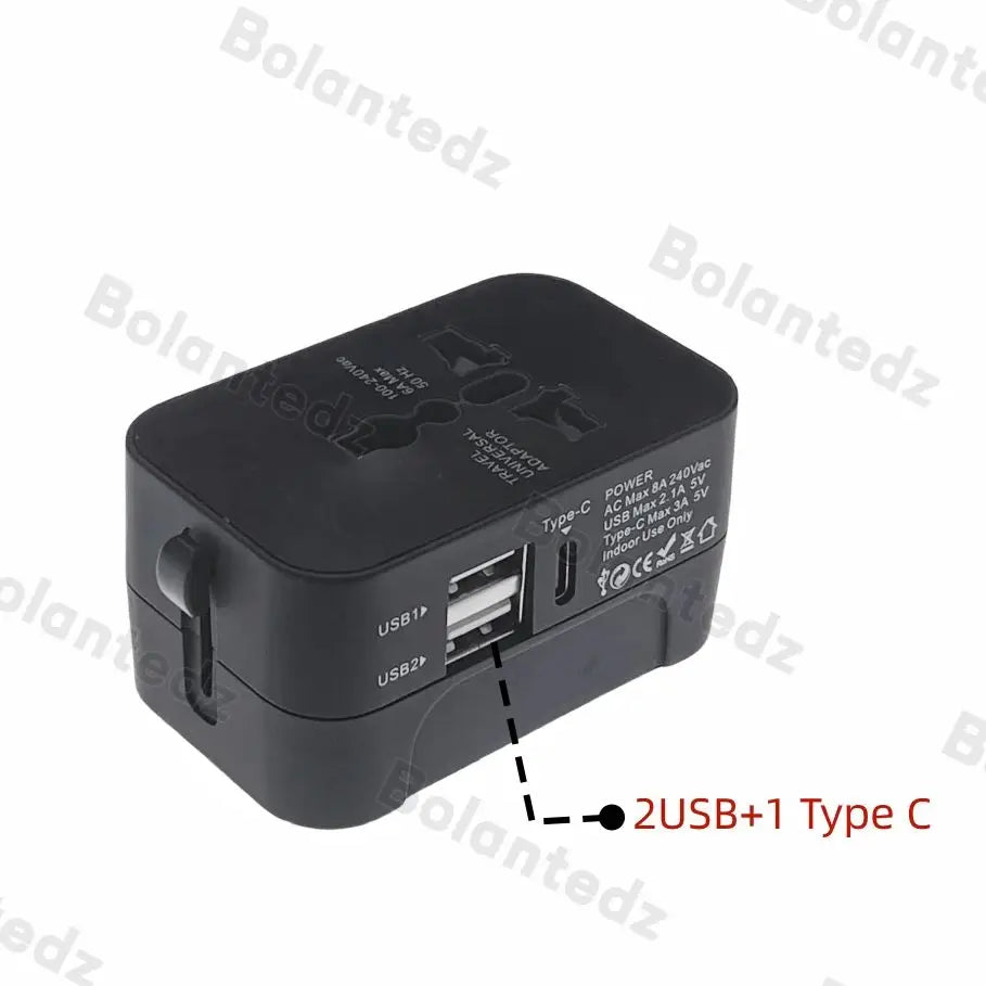 All-in-One Universal Travel Adapter | 2 USB + 1 Type-C | AU/US/UK/EU Plug