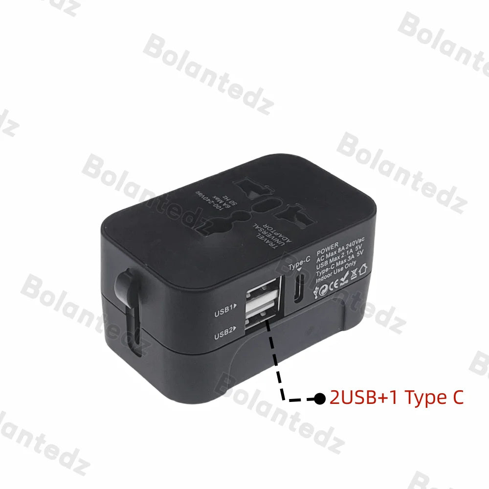 All-in-One Universal Travel Adapter | 2 USB + 1 Type-C | AU/US/UK/EU Plug