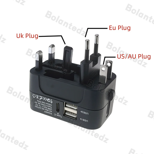 All-in-One Universal Travel Adapter | 2 USB + 1 Type-C | AU/US/UK/EU Plug